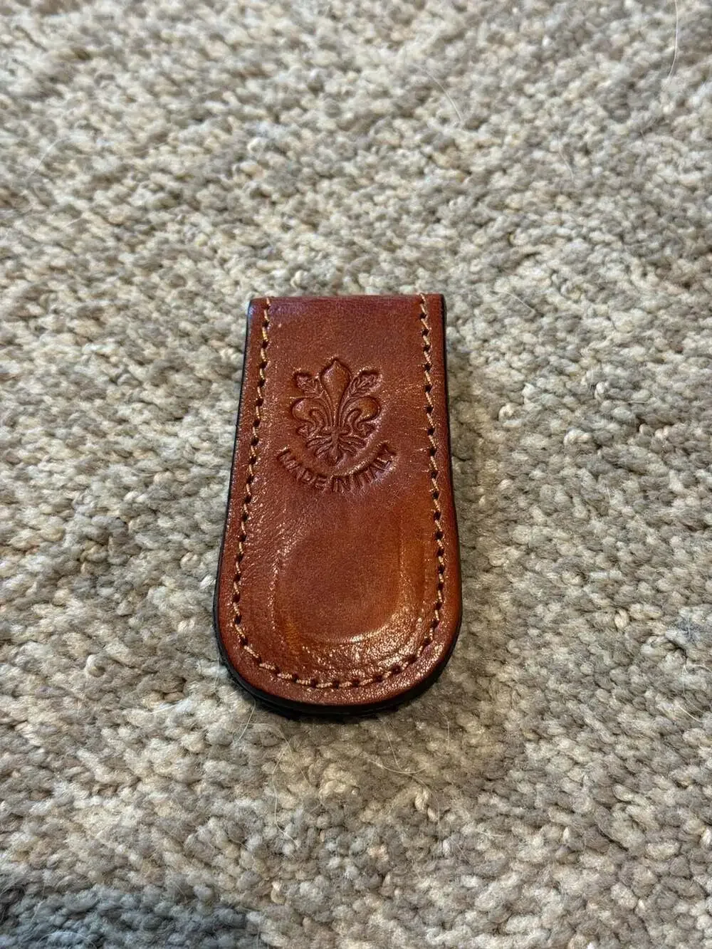 Vera Pelle Made In Italy Brown Leather Magnetic Money Clip w/ Fleur-de-lis Stamp